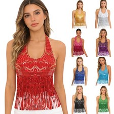 US Womens Belly Dance Bra Tops Halter Lace-up Shiny Sequins Tassel Crop Vest