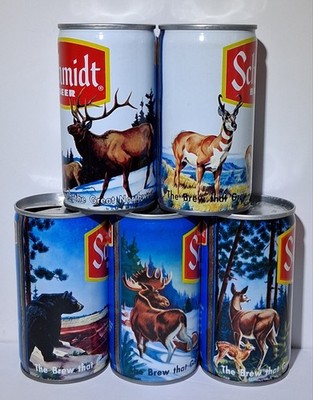 Vintage Schmidt Beer Cans 5 Animal Wildlife Scenes, Collectible Bar Decor