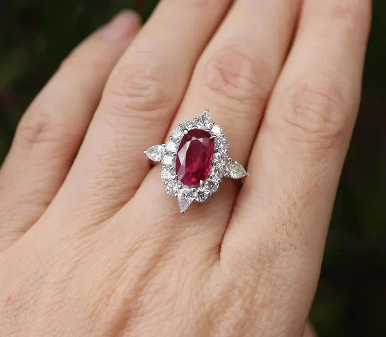 Oval Cut 2.45 Carats Natural Red Ruby Diamond Wedding Ring 18K White Gold Ring - Image 3 of 4