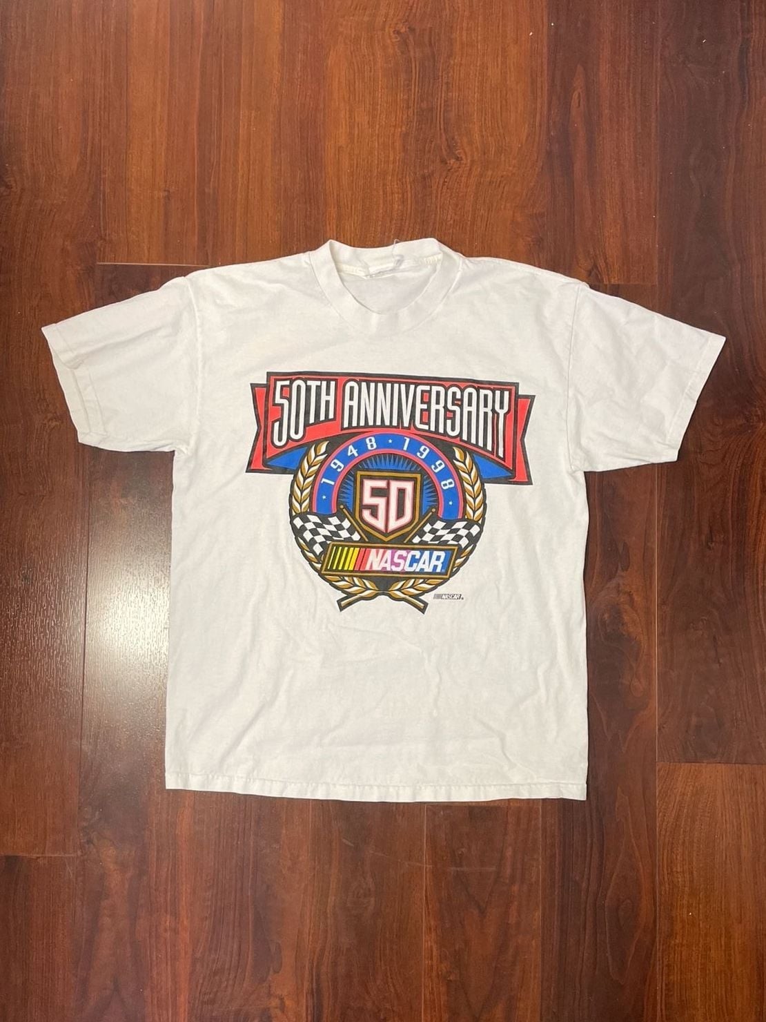 Vintage 1998 NASCAR 50th Anniversary T-Shirt Champions Graphic White Tee