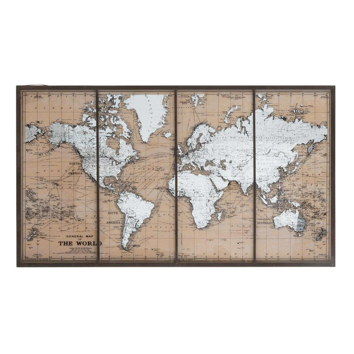 Carte du Monde tableau de décoration géante 81x143cm en toile canvas tendue marron haut de gamme