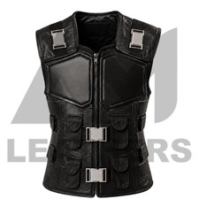 Mens Real Leather Tactical Vest Black Biker Motorcycle Armor Buckle Cargo Coat