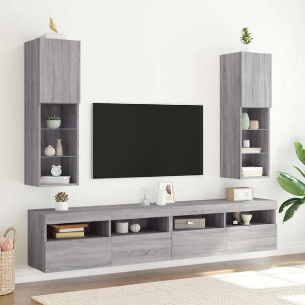Tv-Schr?Nke Mit Led-Leuchten 2 Stk. Grau Sonoma 30,5X30X102 Cm-image