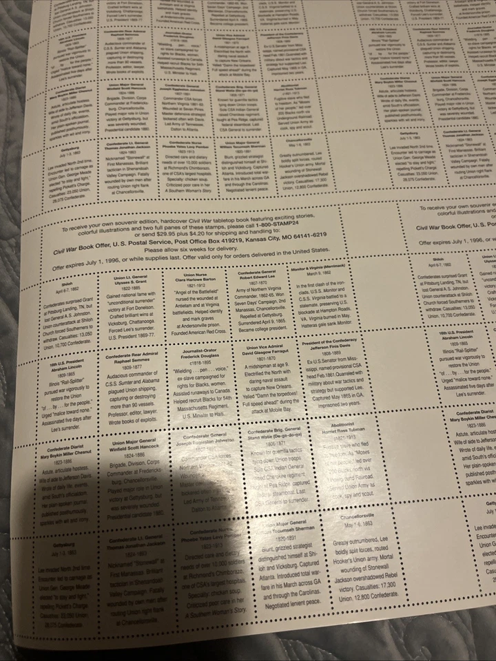 Марки Почтовой службы США времен гражданской войны - лист 20 центов 32 цента - 1994 классическая коллекция винтаж - Изображение 2 из 3