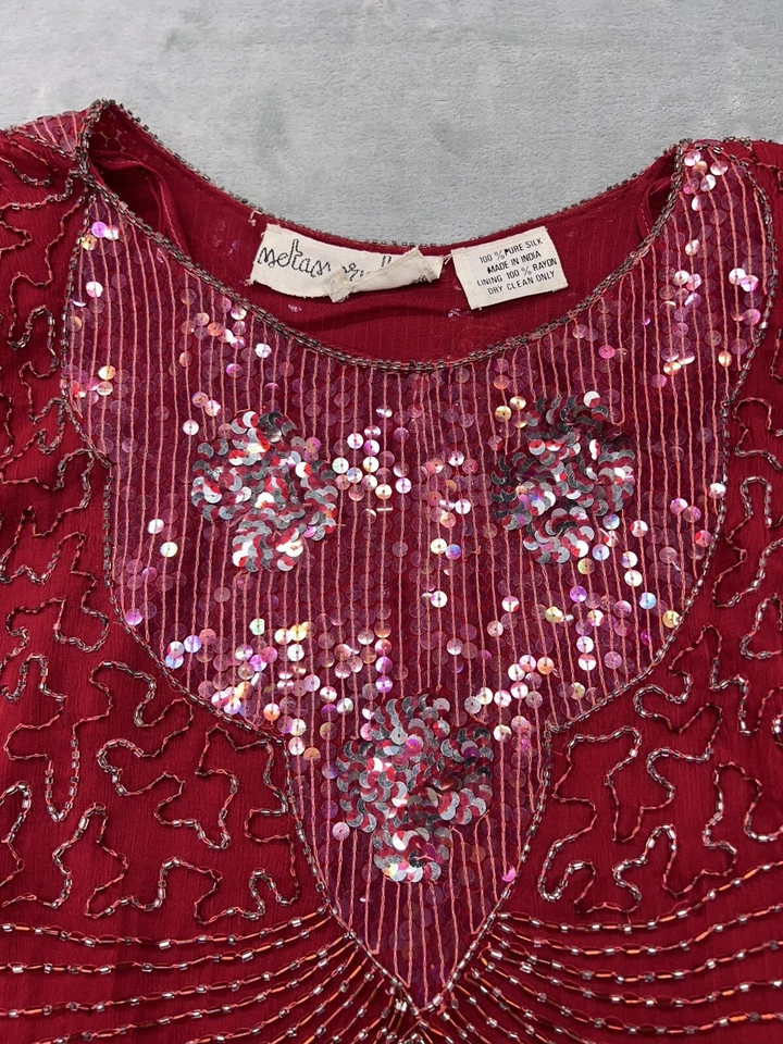 Top Vintage Metamorphosis Lentejuelas Rojo 100% Seda Talla Grande Verdadero Vintage Años 80’s Foto 4 de 4