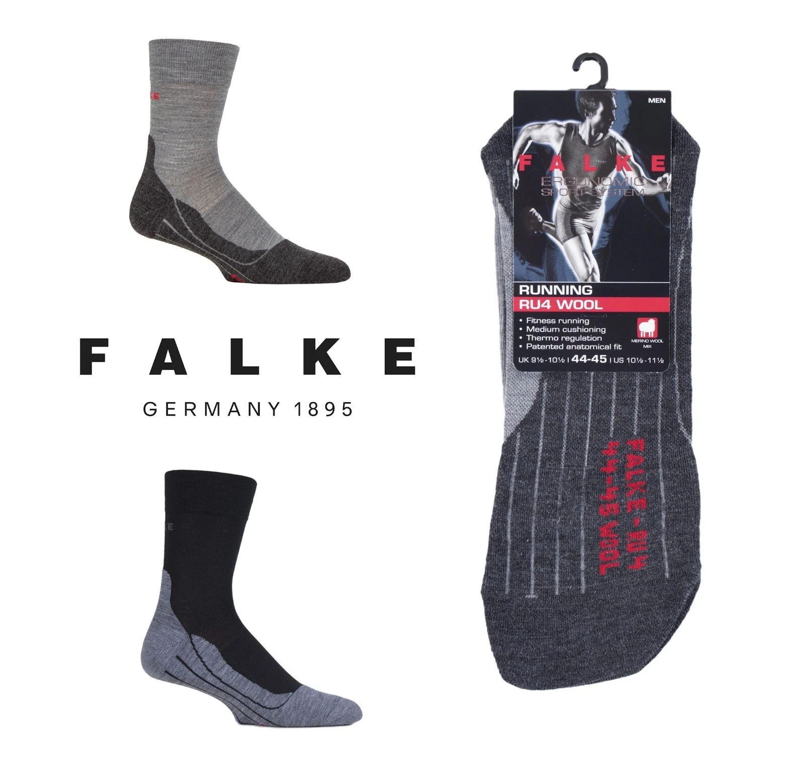 Crew Socks Mens FALKE RU4 Sports Cushioned Wool Rich in Black/Grey - 1 Pair Pack