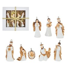 Ornament Set/8 2" Gold White Mary Joseph Baby Jesus Nativity Christmas Decor