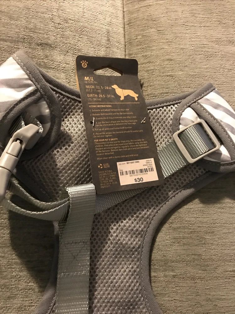 Dog harness "Paw & Tail" Gray/White Stripe M/L 29.5- 37" girth Neck 22.5-28" NWT
