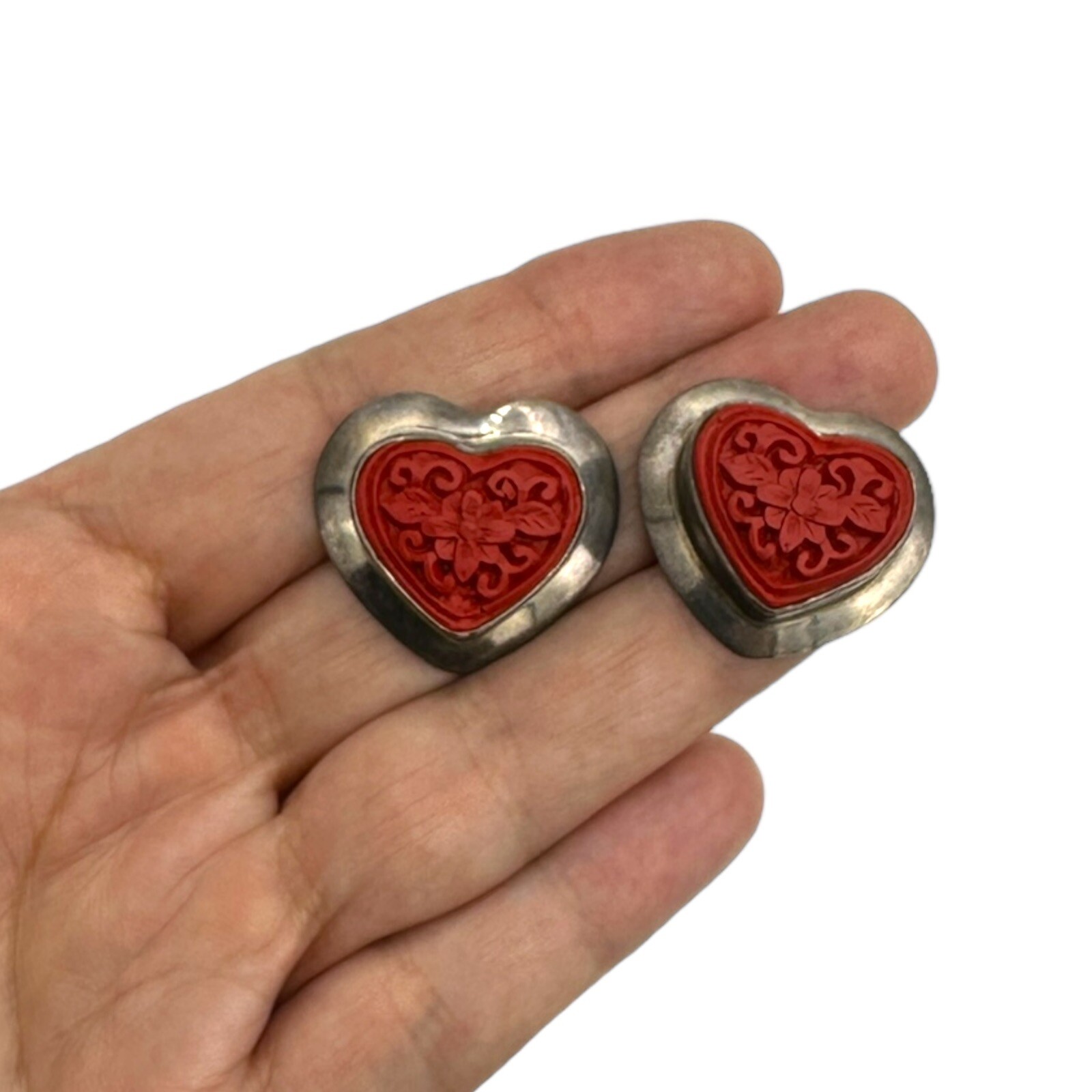 Vintage Sajen 925 Sterling Silver Carved Cinnabar Floral Earrings