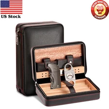 Black Cedar Wood Leather Cigar Humidor Case Cutter 1 Jet Torch Lighter Travel