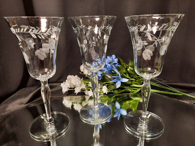 3 Optic Ripple Fern & Draped Flower Etch Trumpet Wine Goblets Glasses Set |  eBay