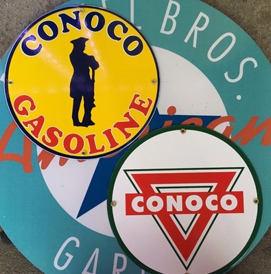 CONOCO MINUTEMAN conoco TRIANGLE porcelain coated 18 GAUGE steel signs SET OF 2 