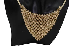Women Gold Metal Choker Bib Strand Fashion Necklace Bling Mesh Statament Look