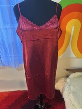 Vtg Ekouaer XL Glossy Satin Slip Dress Lace Trim Chemise Nightgown Burgundy