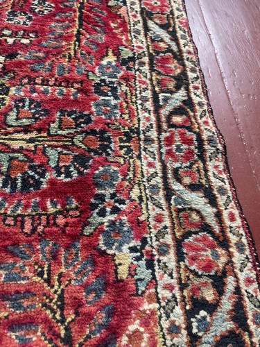 29.5"x 36 SEMI ANTIQUE SAROUK ?Hand Knotted Wool Rug RASPBERRY BLUE OLIVE BLACK - Picture 7 of 20