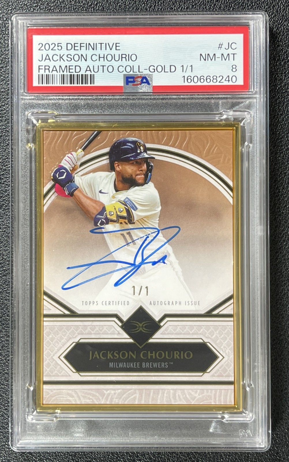 JACKSON CHOURIO PSA 8 2025 TOPPS DEFINITIVE COLL #FAC-JC FRAMED AUTO GOLD 1/1
