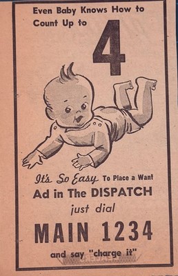 1940s The Dispatch Newspaper Want Ad Flyer Baby MAIN 1234 Ephemera