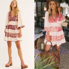 FREE PEOPLE My Love Mini Dress Tea Combo Pink Red Sz S {3U22}