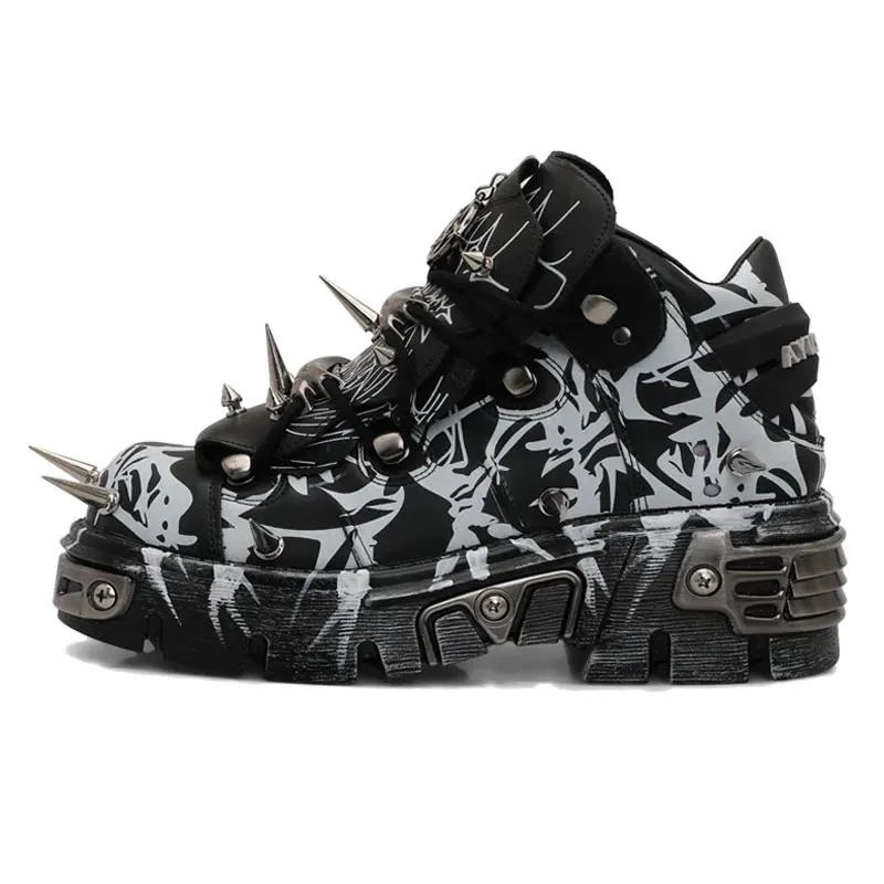 Graffiti Plataforma Hombres Pareja Remaches Botas Rock Punk Elevador Muffin Papá Zapatos Foto 4 de 4