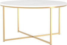 Modern Glam Faux Marble Round Coffee Table with Gold X-Base, 35.5 Inch
