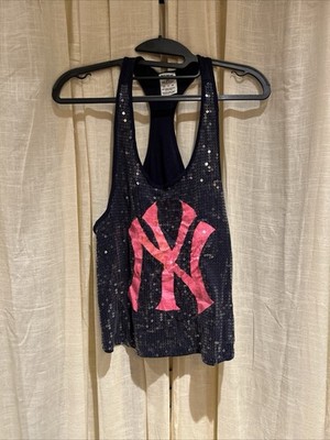 VS PINK Yankees Sequin Racerback Tank Top Navy Blue Pink Logo XS