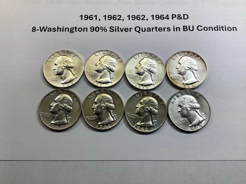 1960, 61, 62, 64 PD-Washington 90% Silver Quarters Lot of 8 BU Coins 01232620tkk