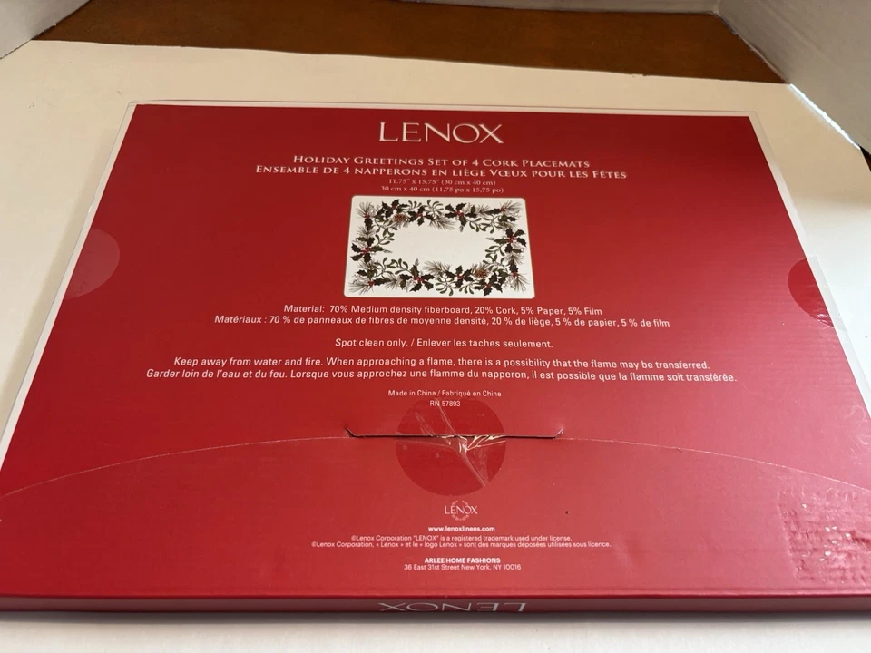 4 LENOX *Holiday Greeting* Holly & Berries Hard/Cork Placemats (New In Box!) - Image 2 of 3