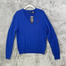 NWT Polo Ralph Lauren Women's XL 100 Cotton Cable Knit V-Neck Blue Sweater NEW