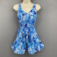 Vintage Maxine of Hollywood Swimsuit Dress Sz 14 Blue Floral One Piece 70s 80s