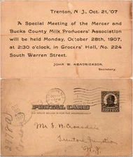 1907 Milk Producers Meeting Notice Postcard Trenton NJ Mercer Co Bucks Co PA