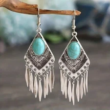 Boho 925 Sterling Silver Vintage Tibetan Tibet Turquoise Dangle Hook Earrings