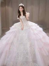 Pink Off Shoulder Lace Ruffle Wedding Dresses Sweep Train Princess Bridal Gowns