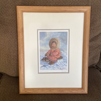 Nori Peter  Anticipation  Inuit girl Wolf  Ice fishing signed Canada Art framed