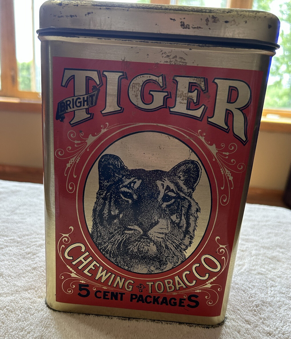 tiger tobacco tin Vintage Empty Bright Tiger Chewing Tobacco Fine Cut 5 Cent Packages Large  Tin