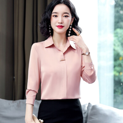 Damen Satin Kunstseide Shirt Bluse Langarm Büro Dame Arbeit Oberteil Pullover