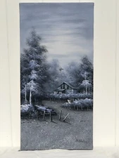 OIL PAINTING..Blue greys old wood barn with  wind tower in woods sign B. Shelley