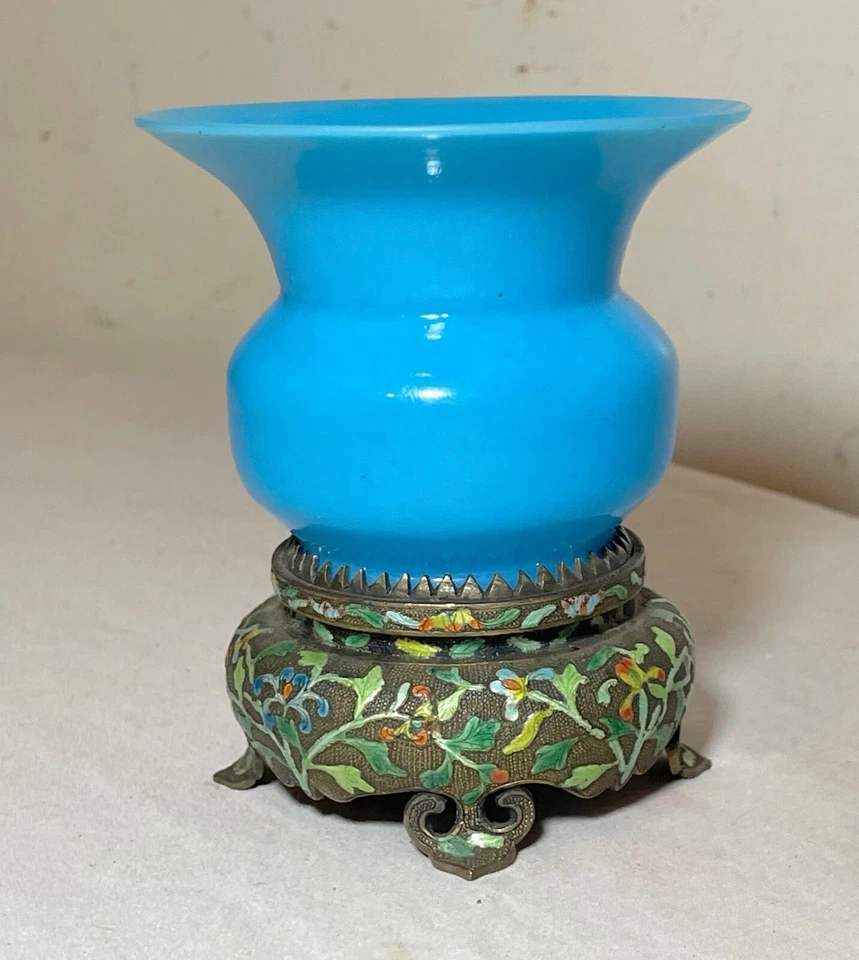 Antiguo cuenco base bronce esmaltado vidrio opalino azul chino siglo XIX Foto 4 de 4