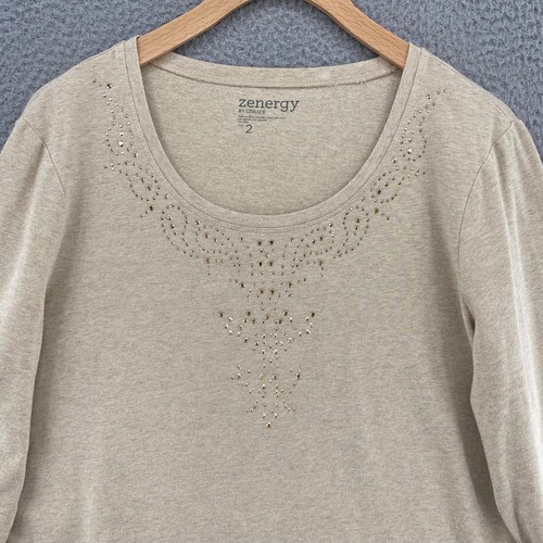 Chicos Top Womens 2 US Large Gold Zenergy Shimmer Studded 3/4 Sleeves Stretch - Picture 2 of 10