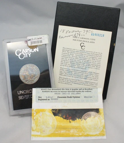 Toned 1883-CC $1 Silver Morgan Dollar GSA Holder ANACS MS 62/64 Photo Cert.