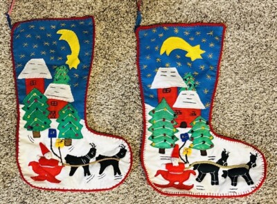 Peruvian Christmas Stocking Folk Art 3D Embroidered Santa Christmas Set Of 2