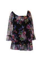 Inc International Concepts Petite Black Botanical Print Flounce Sheet Blouse PM