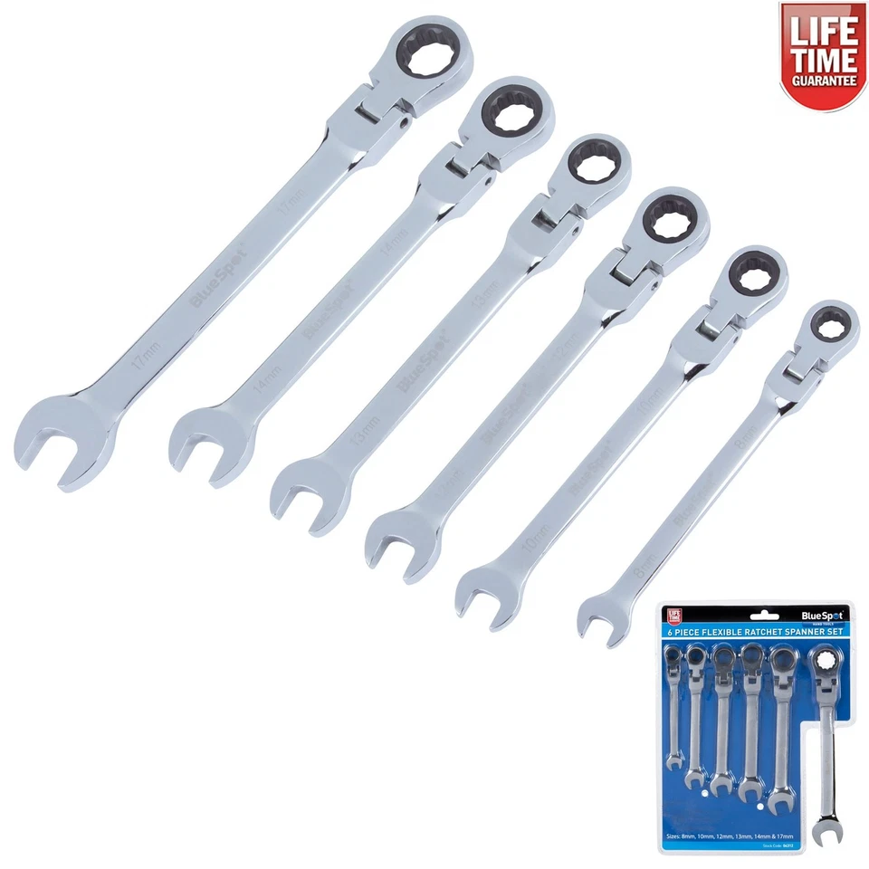 BLUE SPOT TOOLS Flexible Ratchet Head Spanner Set 6 Pc Combination Flexi Ratcheting Piece 04312
