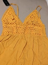 J&W Mini Dress Women L/XL Eyelet Lace Smocked Back Yellow Sundress