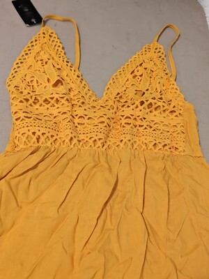 J&W Mini Dress Women L/XL Eyelet Lace Smocked Back Yellow Sundress