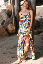 Anthropologie Farm Rio Cover-Up Dress Tiered Maxi Palm Trees Birds Size L NEW