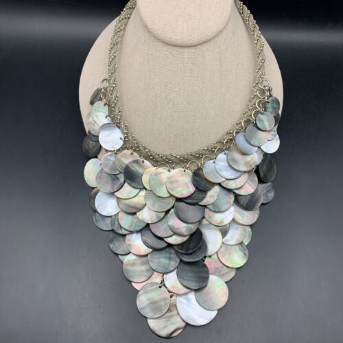 Chicos Abalone Waterfall Statement Necklace Disc Cluster Gold Tone Bib Bold Boho