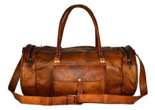 Bag Duffel Gunuine Brown Leather Retro vintage Big Round duffle travel gym bag