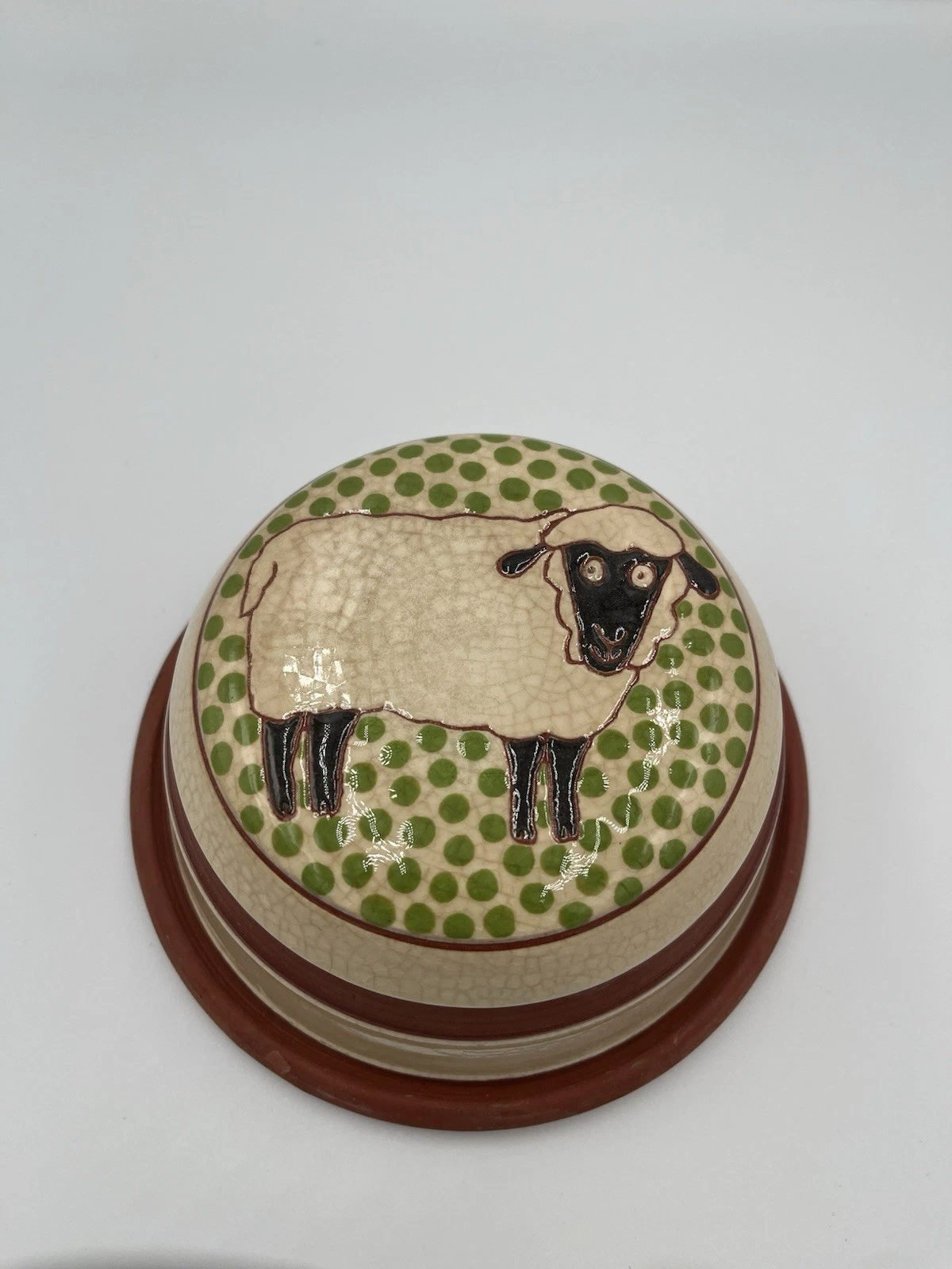 Diana Muir Folk Art Studio Pottery Sheep Covered Butter Cheese Dish Redware Lamb