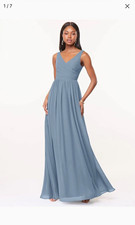 Azazie Blue Sleeveless V-Neck A-Line Long Bridesmaid Dress