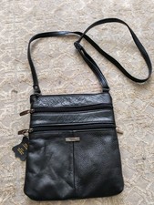 Lorenz Real Leather Black Triple Zip Crossbody Shoulder Bag Silver Hardware